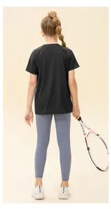 Rear view of girl's breathable quick-dry sports set with black T-shirt and grey leggings