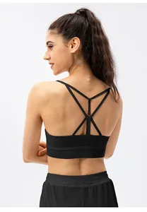 Detail view of women's black sports bra featuring a criss-cross multi-strap back design