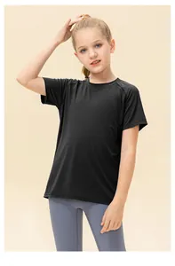 Detail view of a black quick-dry sports t-shirt for girls featuring a breathable crew neck