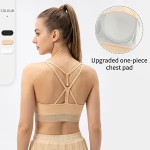 Women Seamless Yoga Bra With Integrated Chest Pads Mesh Stitching Breathable High Elasticity Sports Vest Fitness Gym Top