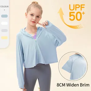 Veste de Protection Solaire en Soie de Glace pour Enfants UPF 50 Plus À Capuche Légère Respirante Top de Sport Plein Air Avec Large Bord et Passe-Pouce pour Garçons Filles