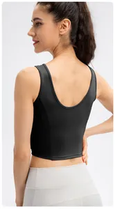 Detail view of high-strength black sports bra featuring a wide U-shaped back design