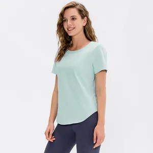 T-shirt yoga da donna verde menta vestibilità ampia con bordo curvo per corsa e fitness