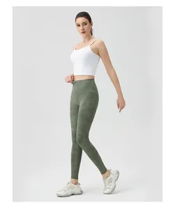 Detail of high-waisted olive green tie-dye yoga leggings with seamless slim fit design