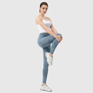 Blue tie-dye high waisted yoga leggings for women with marble print seamless design