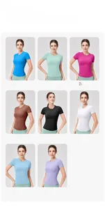 Griglia dettagliata che mostra otto colori vivaci delle magliette da yoga slim da donna