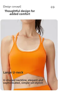 Détail de la brassière de sport orange avec col en U et design d'ourlet croisé élégant