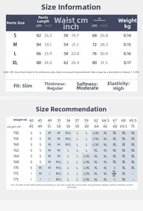 Detailed size chart for high waist yoga pants including length and waist measurements