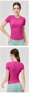 Vista dettagliata fronte e retro di una maglietta da yoga rosa slim fit a maniche corte