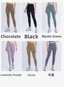 Detail view showing six colors of high waisted yoga pants from chocolate to medium blue