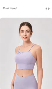 Detailansicht des lavendelfarbenen Yoga-Sport-BHs mit Kordelzug und dünnen Trägern