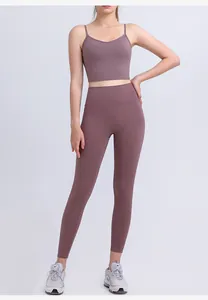 Front view of smoky purple high-waisted yoga leggings and V-neck sports bra set