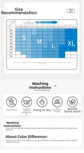 Tableau des tailles pour t-shirt de yoga du S au XL et instructions de lavage détaillées