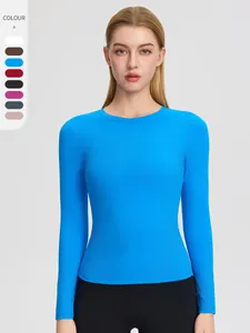 T-Shirt de Yoga Slim Fit pour Femmes Manches Longues Haut de Sport Haute Élasticité Tissu Brossé Fitness Course