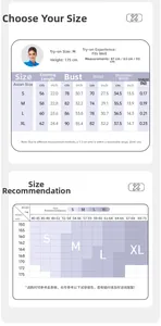 Tableau détaillé des tailles pour t-shirt de yoga avec mesures en cm et pouces