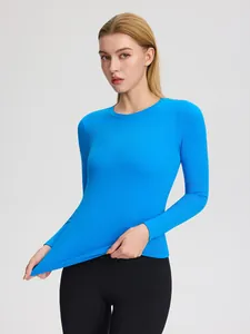 T-shirt de yoga à manches longues bleu vif moulant en tissu hautement élastique pour femme