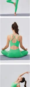 Détails du soutien-gorge de yoga dos croisé vert et leggings en tissu extensible