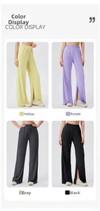 Detail showcasing the high waist yoga pants with stylish side slits in four versatile colors