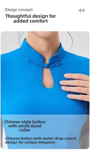 Détail du haut de yoga bleu avec bouton chinois traditionnel et découpe goutte