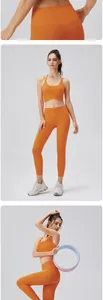 Vue détaillée d'un ensemble de yoga orange avec ourlet croisé et leggings taille haute