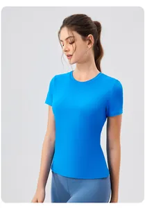 T-shirt de yoga bleu vif pour femme, coupe ajustée, respirant avec un col rond classique