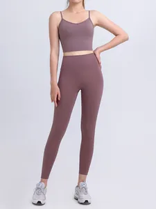 High-waist purple yoga set with V-neck sports bra and high-elasticity leggings