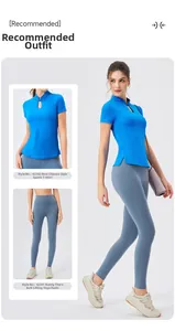 Détail du haut de yoga bleu avec col mandarin et legging taille haute pour le sport