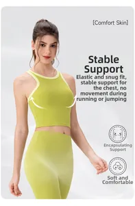 Détail du haut de yoga vert citron avec bordure contrastée et tissu à haute compression