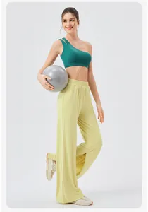 Women's high waist breathable wide-leg yoga pants with side slits and cooling fabric texture