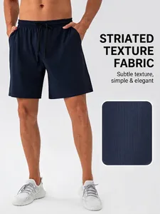 Men's navy quick-dry sports shorts with striped texture and drawstring elastic waistband