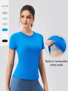 T-Shirt de Yoga pour Femmes Avec Coussinets de Poitrine Amovibles Intégrés Coupe Ajustée Séchage Rapide Respirant Manches Courtes Haut de Sport Fitness en Nylon Élasthanne