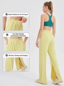 Women's high-waisted yoga pants with wide-leg side slits and elastic waist in light yellow