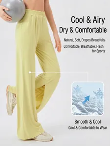 Women's high waist wide leg yoga pants with cooling fabric and side slit in soft yellow