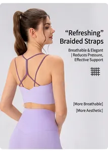Detailed view of criss-cross woven thin straps on a light purple sports bra
