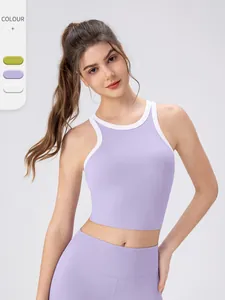 Débardeur de Yoga Dos Nageur pour Femmes Col Rond Bordure Contrastée Brassière de Sport Respirante 80 Nylon 20 Élasthanne Fitness