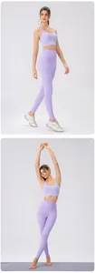 Detailed view of lavender yoga set showing flexible fabric on sport bra and leggings