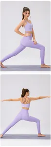 Detail of lavender two-piece yoga set featuring racerback bra and high-waisted leggings