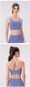Detailed front and back view of smog blue sports bra with crisscross thin back straps