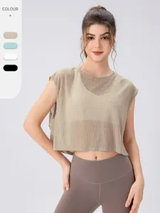 Dames Losse Mesh Yoga Cover Up Top Kort Ademend Mouwloos Gym Workout Hardlopen Sport T-Shirt Voor De Zomer