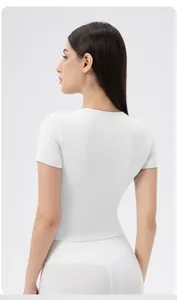 Rear side view of a white slim-fit yoga t-shirt made of high-stretch sports fabric