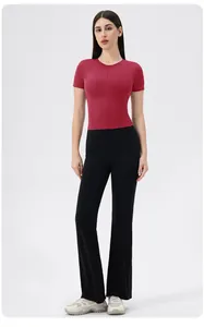 Women slim yoga top with front zipper and black flare leggings workout set outfit