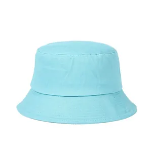 Detail of sky blue cotton bucket hat featuring precise multi-row stitching on the brim