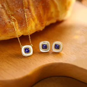 Vintage 925 Sterlingsilber Lapislazuli Quadratischer Anhänger Halskette Vergoldet Perlmutt Zirkonia Schmuck Für Damen