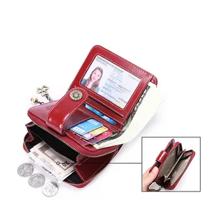 Red polished leather multi-functional mini wallet for women with clover charm detail