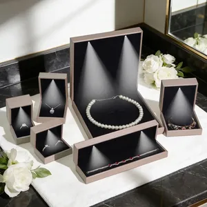 Brushed PU Leather LED Jewelry Box With Spotlight Champagne Gold Gift Box For Ring Pendant Necklace Bangle Engagement Wedding
