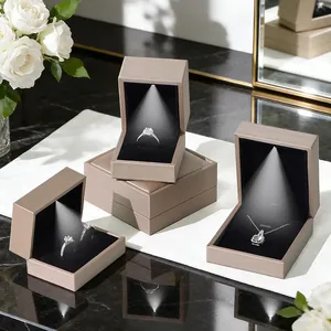 Champagne gold LED jewelry box set with brushed leather texture and black velvet interior