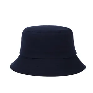 Detailed view of dark blue cotton bucket hat featuring reinforced stitching on the brim