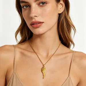 Angel Wing Pendant Necklace 18K Gold Plated Stainless Steel Rose Flower Feather Texture Chic Jewelry For Women