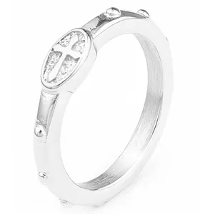 Polished silver stainless steel rosary ring with raised beads and cross emblem