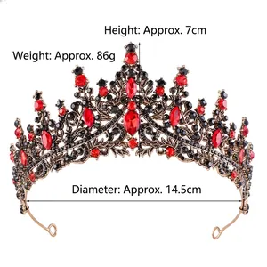 Vintage gold bridal tiara with red rhinestones and black gems, 7cm high princess crown